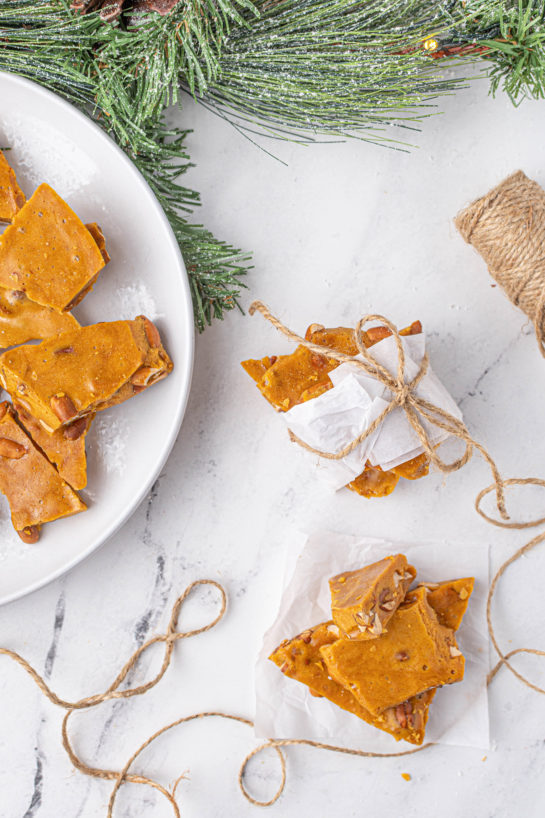 Overhead shot of the wrapped and finished Microwave Peanut Brittle recipe