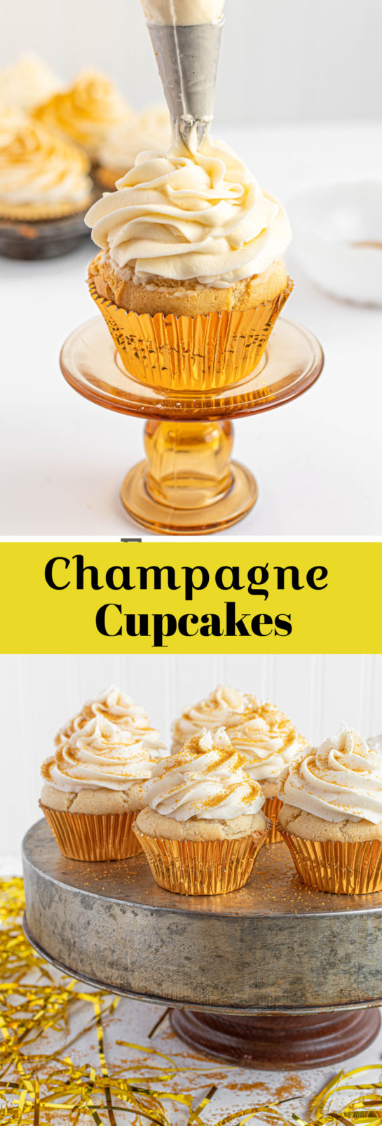 Celebration Champagne Cupcakes recipe is perfect for birthdays, Mother's Day, brunch, bridal shower or a New Year’s Eve dessert! They are jazzed up with gold sprinkles!