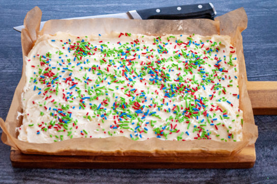 The sugar cookie bars recipe coming out of the oven