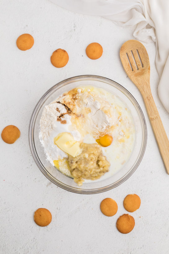 Overhead shot of ingredients needed to make the Easy Banana Pudding Pancakes recipe