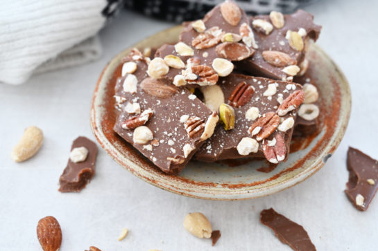 Easy 5-ingredient Salted Chocolate Almond Hazelnut Bark recipe is a beautiful, festive special occasion or holiday dessert that makes for a great edible birthday or Christmas gift for family, co-workers, and friends!