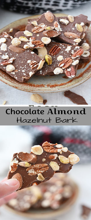 Easy 5-ingredient Salted Chocolate Almond Hazelnut Bark recipe is a beautiful, festive special occasion or holiday dessert that makes for a great edible gift for family, co-workers, and friends!