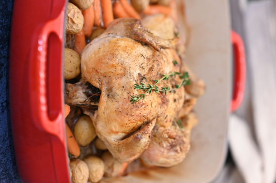 Roasting a whole chicken in the oven is easier than you think! This crispy skin roast chicken with vegetables recipe yields a moist, golden bird with savory vegetables that will all be ready to eat together!