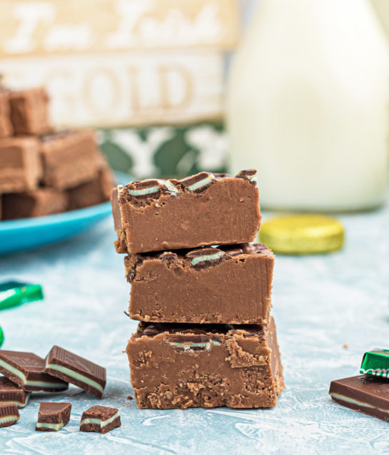 Close-up shot of the stacked pieces of Andes Mint Fudge recipe