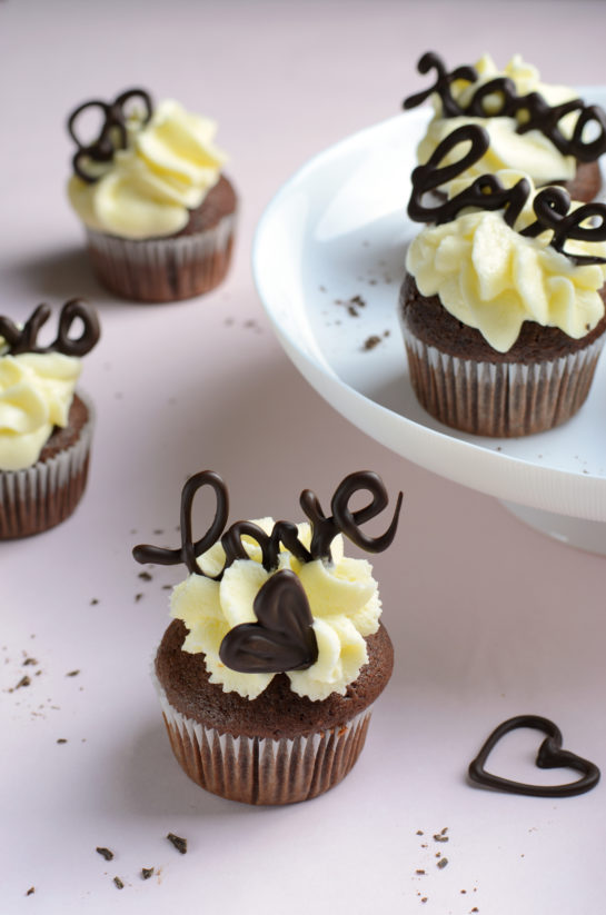 The finished Valentine's Day Lover's Chocolate Cupcakes recipe with the chocolate lettering on top