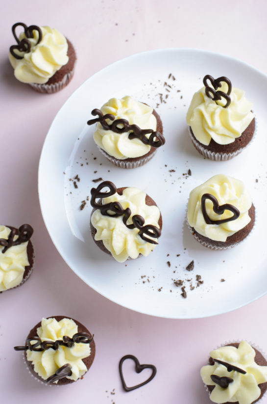 Overhead photo of the holiday Valentine's Day Lover's Chocolate Cupcakes recipe