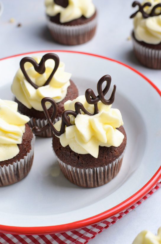 Close-up photo of the holiday Valentine's Day Lover's Chocolate Cupcakes recipe