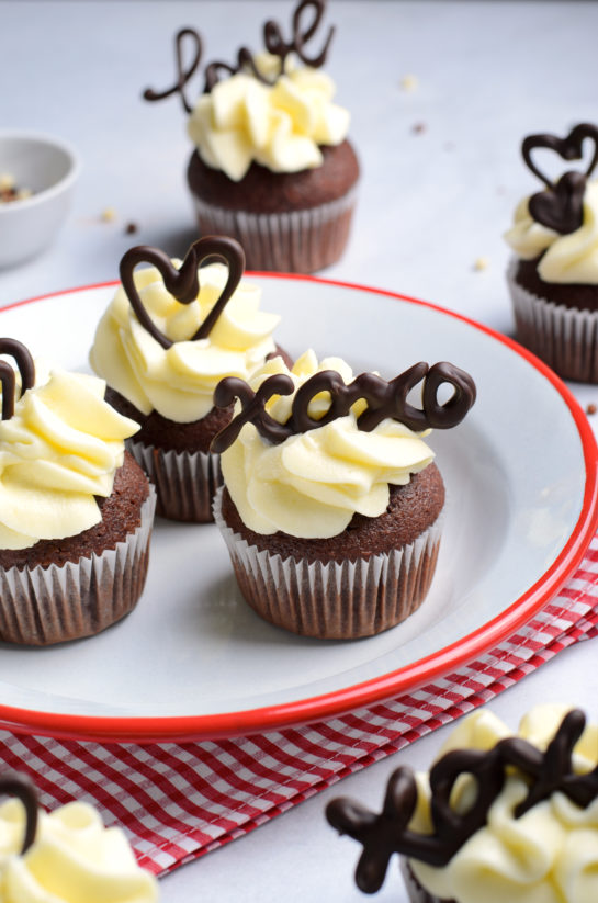 The finished Valentine's Day Lover's Chocolate Cupcakes recipe plated and ready to eat