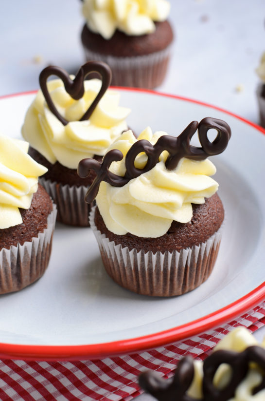 Close-up complete shot of the Valentine's Day Lover's Chocolate Cupcakes recipe