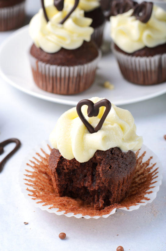 Close-up finished shot of the Valentine's Day Lover's Chocolate Cupcakes recipe