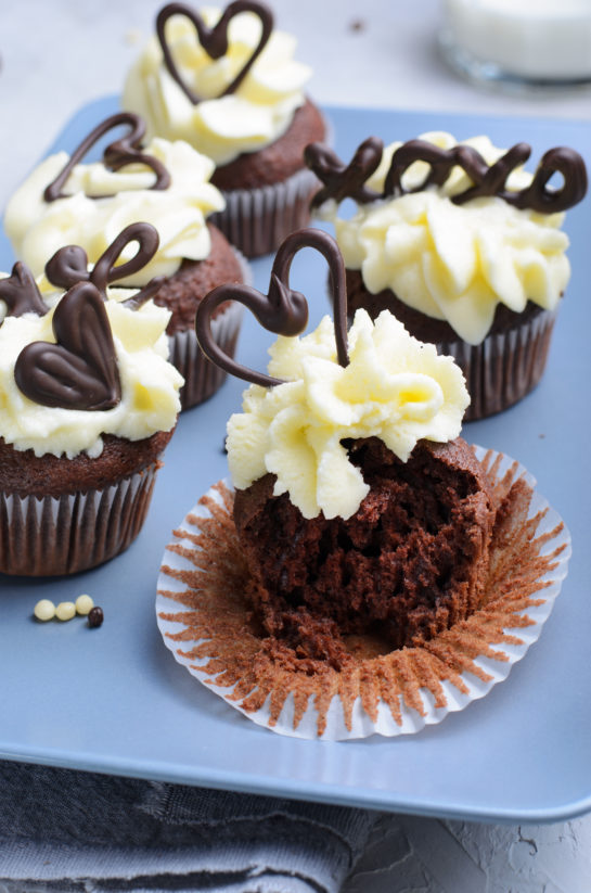 Close-up complete shot of the holiday Valentine's Day Lover's Chocolate Cupcakes recipe