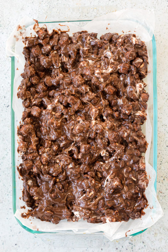 The mixture ready in the pan to make the Valentine's Day Best Rocky Road recipe