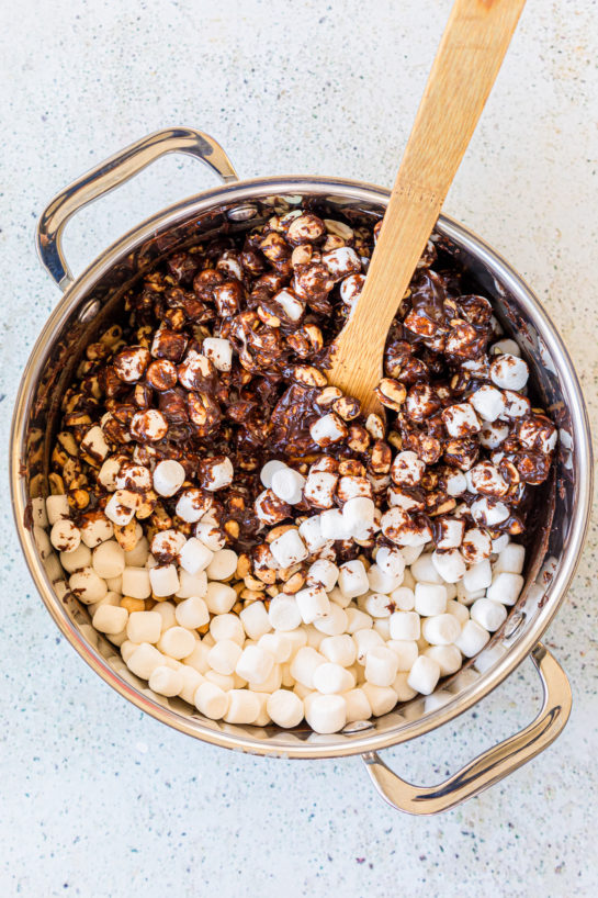 Mixing in the marshmallows and nuts to make the Valentine's Day Best Rocky Road recipe
