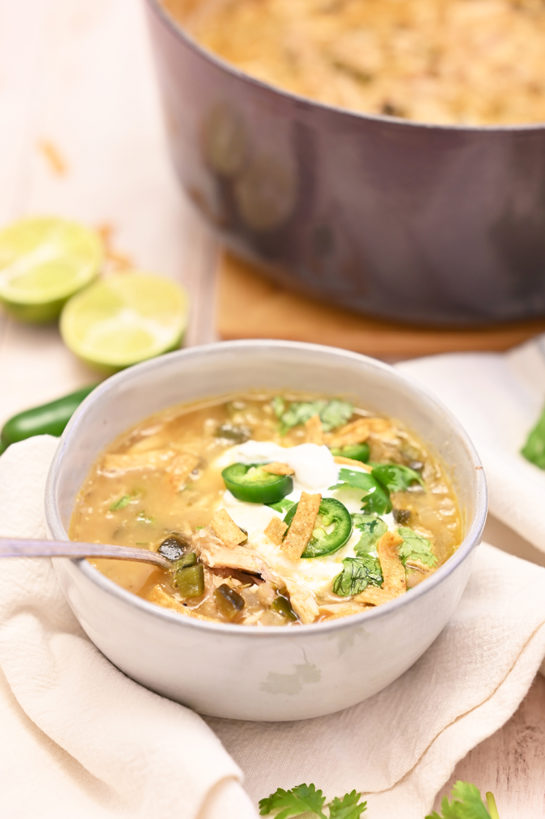 Easy White Chicken Chili recipe flavorful blend of tender chicken, white beans and just enough spice! This is my new favorite chili recipe for game day or cold winter day!