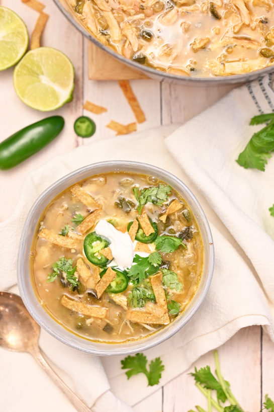 White Chicken Chili recipe flavorful blend of tender chicken, white beans and just enough spice! This is my new favorite chili recipe for a cold winter day!