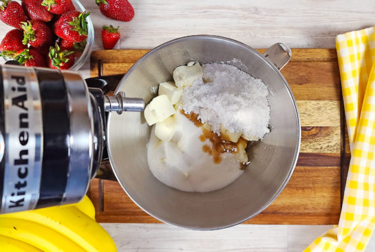 Ingredients being mixed for the no-bake banana split cheesecake recipe