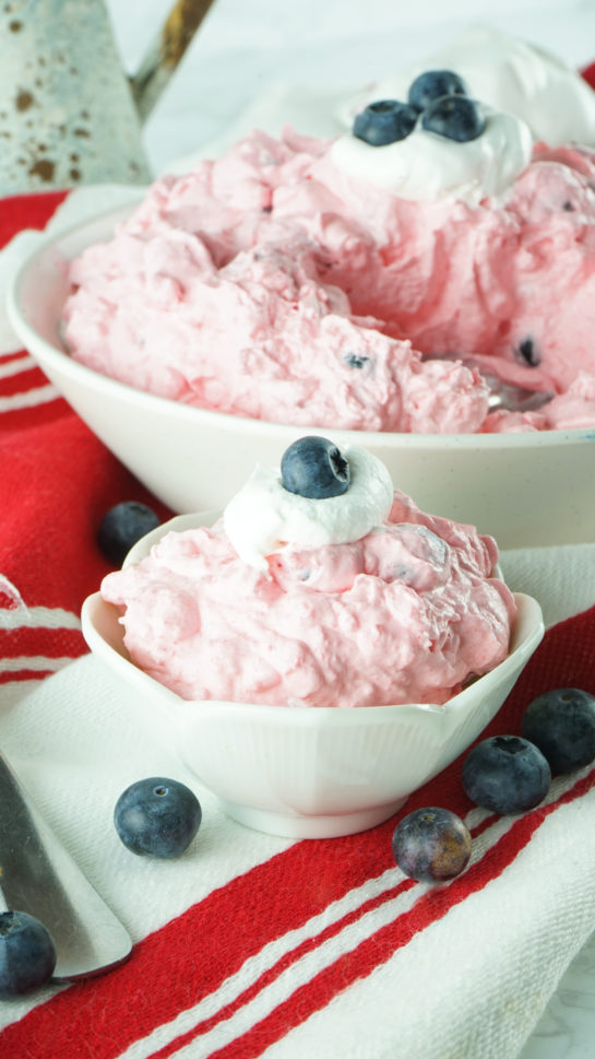 Individual serving of Patriotic Red White and Blue Fluff Salad recipe in a bowl