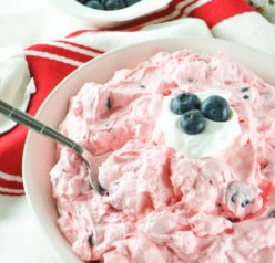 Red White and Blue Fluff Salad recipe is a delicious dump and go dessert salad or side dish idea that is perfect for any and all occasions! This is such an easy dessert to bring to parties, picnics, and potlucks. 