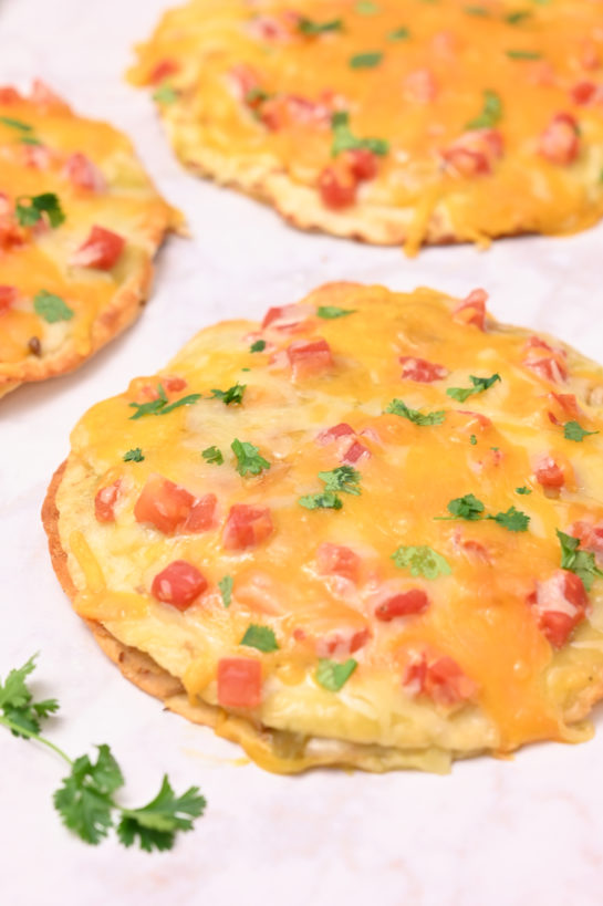 Overhead shot of the Mexican Pizza recipe is a quick and easy dinner idea for Mexican night, taco Tuesday, or Cinco de Mayo! The whole family will love these!