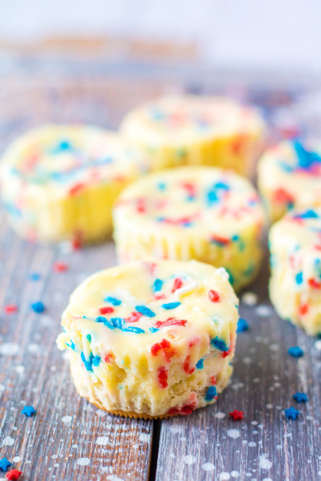 Close up of the Red, White, and Blue Mini Cheesecakes Recipe for Independence Day