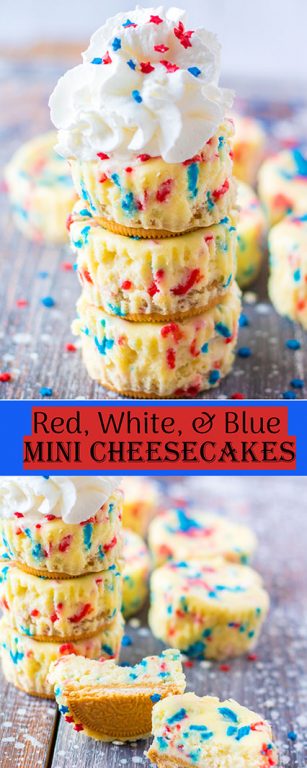 Mini Red, White, and Blue Cheesecakes recipe layered with a Golden Oreo crust and creamy tangy cheesecake. Top with sprinkles & whipped cream for the perfect patriotic dessert for 4th of July!