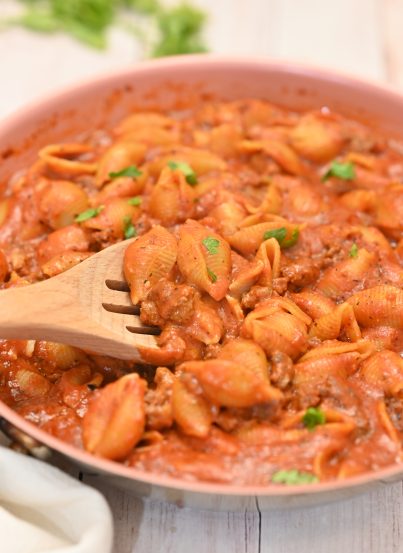 Creamy Beef and Shells is the ultimate creamy pasta recipe!  It is incredibly rich, filling, and screams comfort food!