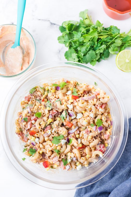 Easy Mexican Street Corn Pasta Salad is simple and healthy, yet so tasty. It’s the perfect side or main dish for a big gathering or just a quick dinner during the week with a Mexican twist!