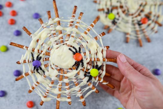 Close-up photo of the Spooky Halloween Chocolate Pretzel Spider Webs recipe