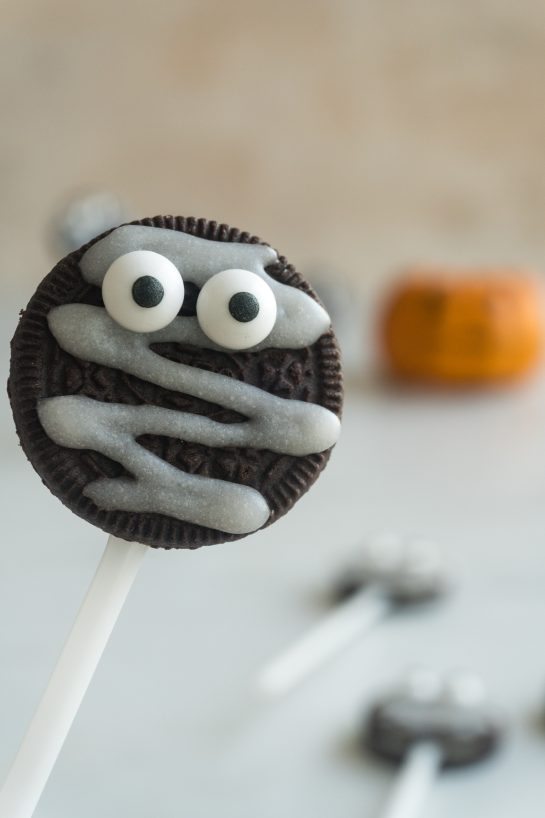 Close-up shot of Halloween Mummy Oreo Pops recipe for Halloween