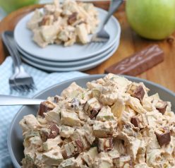 Caramel Apple Snickers Salad is a delicious side dish recipe with crunchy green apples, marshmallows, and Snickers candy bars as the main ingredients! Perfect for holidays and potlucks!