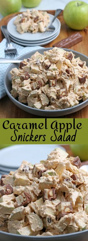 Caramel Apple Snickers Salad recipe is a delicious fall side dish with crunchy green apples, whipped topping, and Snickers candy bars as the main ingredients! Perfect for holidays and potlucks!