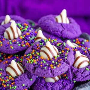 These Halloween Witch Hat Cookies are the perfect dessert recipe for Halloween! They are both spooky (in a totally adorable way), super delicious, and great Halloween cookies to make with kids (big or small).