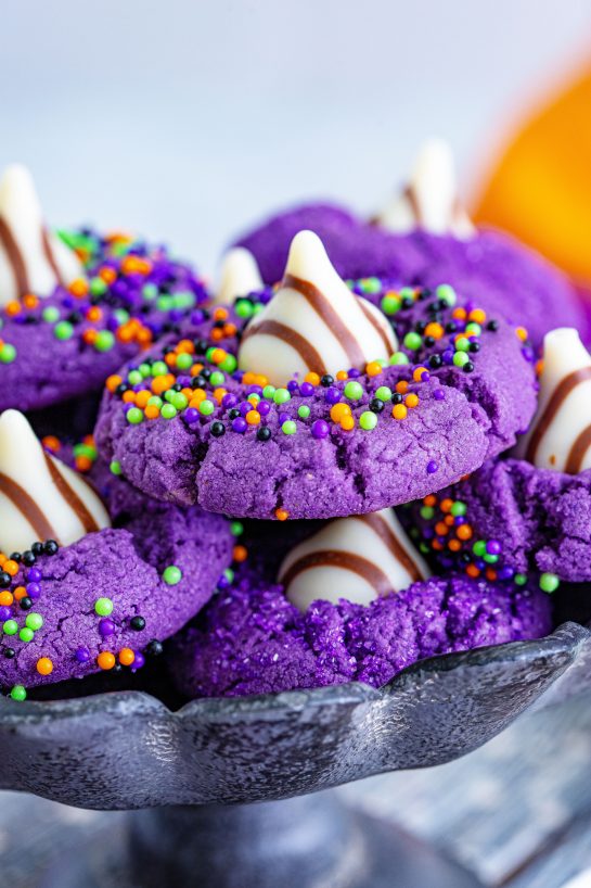 Easy purple Halloween Witch Hat Cookies Recipe for any fall or spooky Halloween party!
