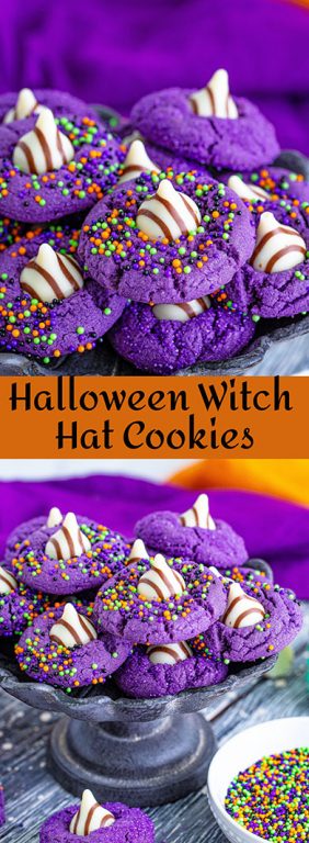 These Halloween Witch Hat Cookies are the perfect dessert recipe for Halloween! They are both spooky (in a totally adorable way), super delicious, and great Halloween cookies to make with kids (big or small)!