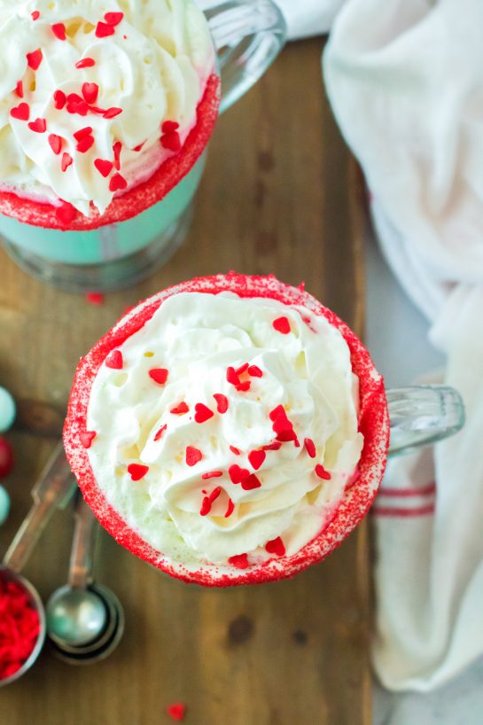 Close-up overhead photo of Grinch Hot Chocolate recipe