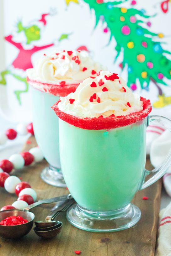 Festive green Grinch Hot Chocolate recipe is the perfect combination of creamy, smooth hot chocolate and green Grinch fun for Christmas. Kids and adults will love it!