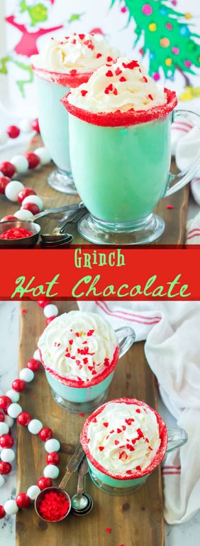 This Holiday Grinch Hot Chocolate recipe is the perfect combination of creamy, smooth hot chocolate and green Grinch fun for Christmas. Kids and adults will love it!