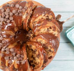 Peanut Butter Chocolate Chip Bundt Cake recipe is super easy and delicious cake that always pleases! The cake always comes out moist and is a combination of salty and sweet!
