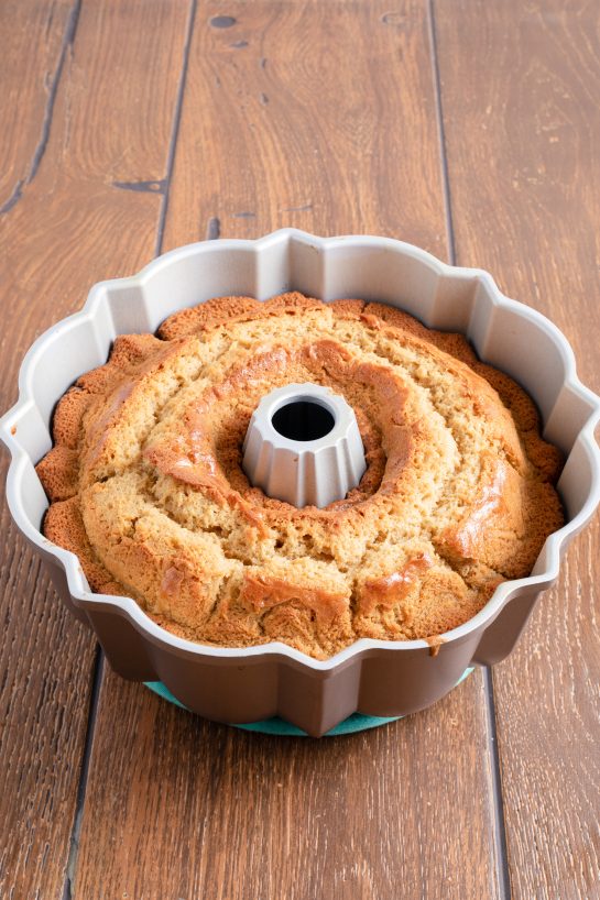 The Peanut Butter Chocolate Chip Bundt Cake recipe baked and out of the oven