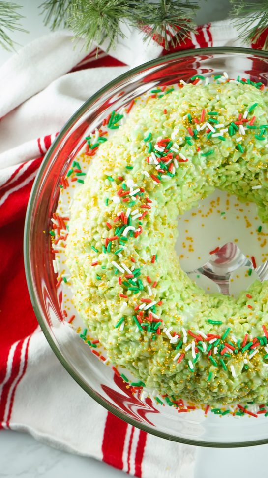 Overheard shot of the finished Rice Krispies Treats Wreath Cake recipe for Christmas