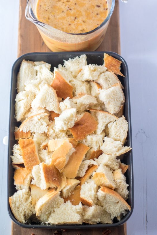 Torn up bread for the Quick and Easy Sweet Potato French Toast Casserole recipe 