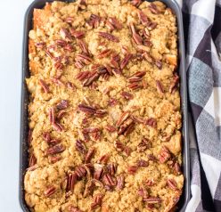 Quick and Easy Sweet Potato French Toast Casserole recipe out of the oven and ready to be served for Thanksgiving dinner