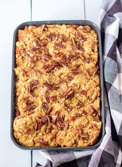 Quick and Easy Sweet Potato French Toast Casserole recipe out of the oven and ready to be served for Thanksgiving dinner