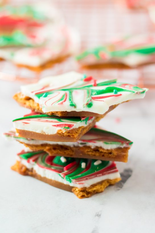 Close-up shot of the stacked Christmas Ritz Cracker Candy recipe 
