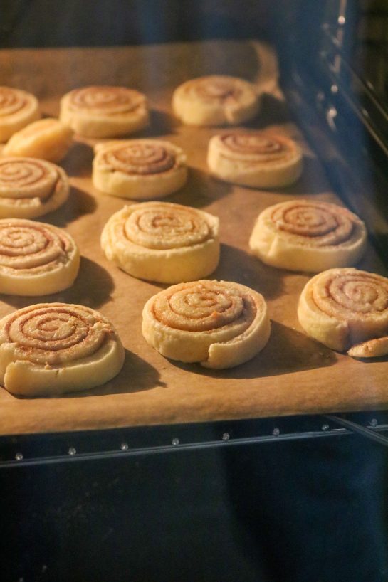 Cinnamon Roll Cookies ready to come out of the oven