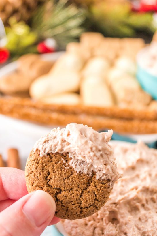 Photo of finished dip the ginger snaps for the Cinnamon Roll Dip recipe for Christmas dessert