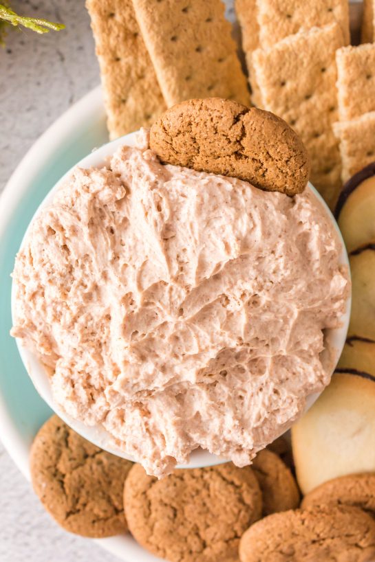 Overhead photo of Cinnamon Roll Dip recipe for Christmas