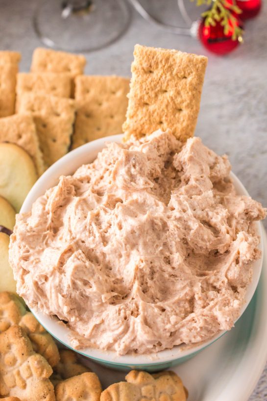 Photo of finished dip the graham crackers for the Cinnamon Roll Dip recipe for Christmas