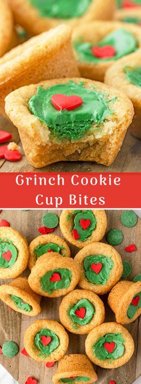 Grinch Cookie Cup Bites recipe is inspired by Dr. Seuss’s How the Grinch Stole Christmas! They are chewy sugar cookies that have been colored green and adorned with a red heart for a fun holiday dessert! 