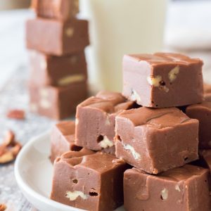 Close-up shot of the finished Secret Ingredient Fudge recipe made with Velvetta Cheese for Christmas dessert